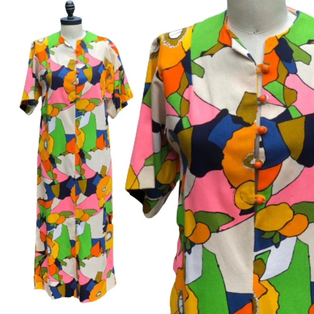 Vintage 60s/70s Psychedelic Floral Citrus Fruit Flower Power Hostess Maxi Dress - Picture 1 of 16